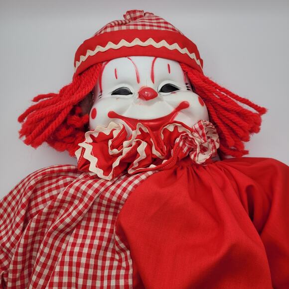 Vintage Creepy Clown Doll 24" Plastic Face Red Check Outfit Halloween Prop Toy - Picture 5 of 11